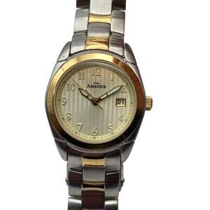 Time America Womens Mens Watch 28mm New Battery Wrist Size 6 Gold Silver Tones